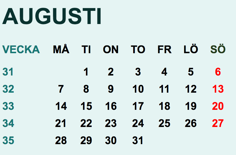 Svensk kalender för Augusti 2023 med helgdagar och veckonummer