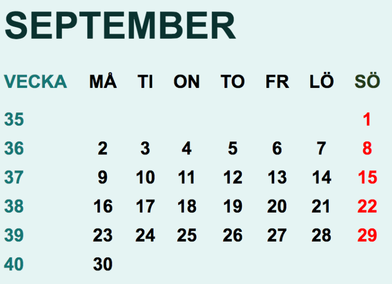 Svensk kalender för 2024 med veckonummer